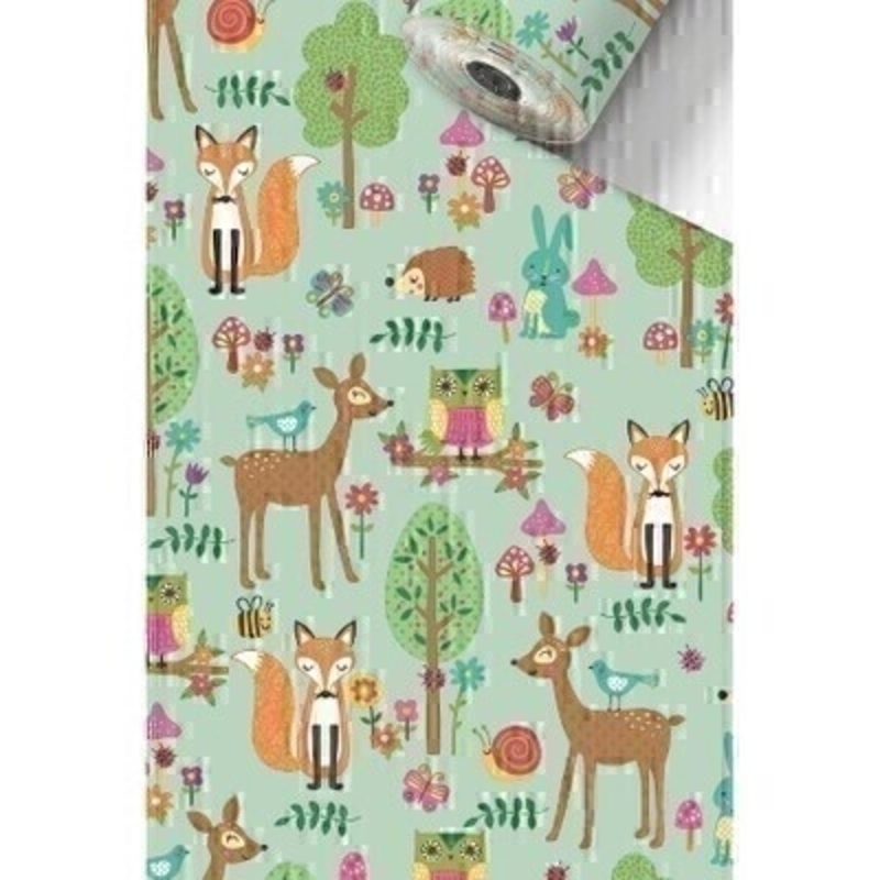 Luxury Roman Woodland Animals in a forest light green roll wrap paper by Swiss designer Stewo. Quality white kraft wrapping paper 70gsm. Approx size of roll 70cm x 2metres.